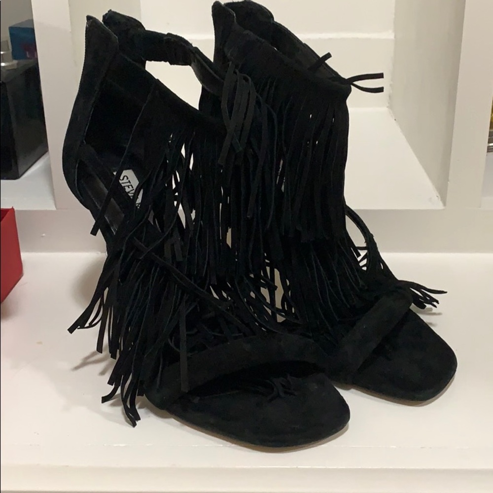 Black fringe heels
